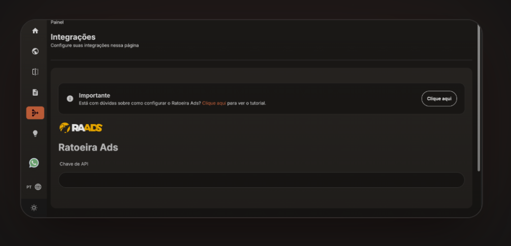 Interface Integrações Ratoeira Ads